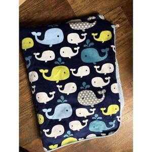Circo Target Blue Green White WHALES Navy Blue Baby Blanket Sherpa Reverse
